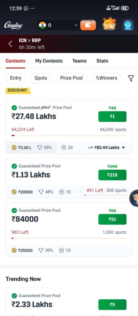 GoPlay11 fantasy gaming app interface showing team selection, sports icons, and reward coins