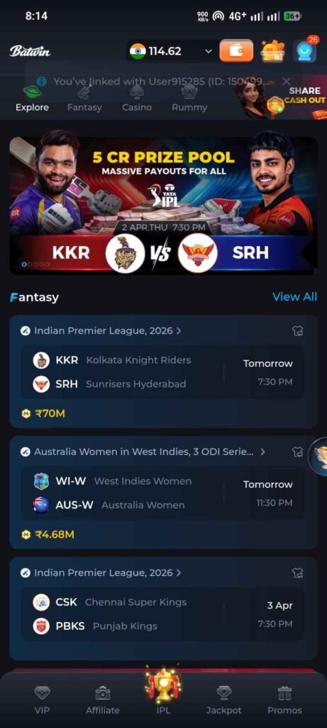 GoPlay App dashboard showing fantasy cricket matches and Android gameplay.